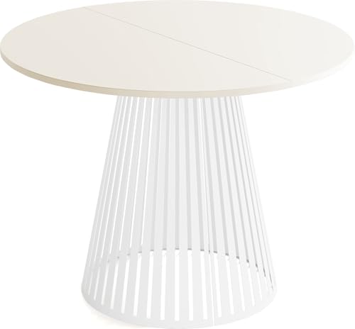 WFL GROUP Esstisch Rund Ausziehbar mit Lamellen im Loft-Stil – 100 bis 180 cm – Industrieller Tisch mit Weißen Metallbeinen, Platzsparend für Wohnzimmer oder Esszimmer – Beige Cashmere von WFL GROUP