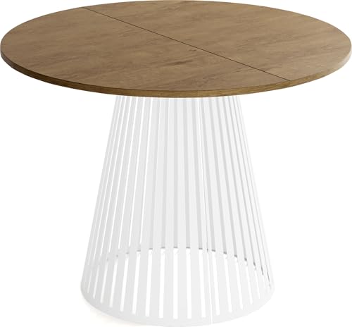 WFL GROUP Esstisch Rund Ausziehbar mit Lamellen im Loft-Stil – 100 bis 180 cm – Industrieller Tisch mit Weißen Metallbeinen, Platzsparend für Wohnzimmer oder Esszimmer – Braun von WFL GROUP