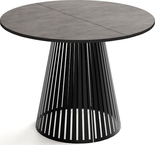 WFL GROUP Esstisch Rund Ausziehbar mit Lamellen im Loft-Stil – 120 bis 200 cm – Industrieller Tisch mit Schwarzen Metallbeinen, Platzsparend für Wohnzimmer oder Esszimmer – Beton-Optik Dunkelgrau von WFL GROUP