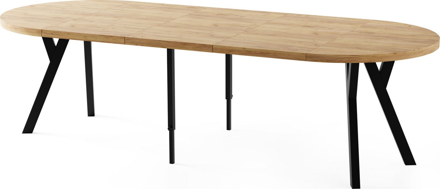 WFL GROUP Esstisch Twixy ausziehbar rund industrial mit schwarzen Holzbeinen (erhältlich in 2 Größen – Durchmesser 100 cm, ausziehbar auf 250/300 cm), XXL groß extra lang Ausziehtisch für 5-16 oder 5-14 Personen von WFL GROUP