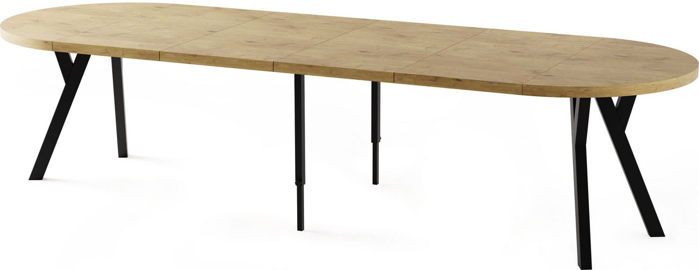 WFL GROUP Esstisch Twixy ausziehbar rund industrial mit schwarzen Holzbeinen (erhältlich in 2 Größen – Durchmesser 100 cm, ausziehbar auf 250/300 cm), XXL groß extra lang Ausziehtisch für 5-16 oder 5-14 Personen von WFL GROUP