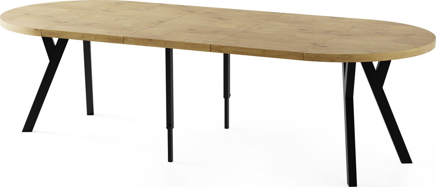 WFL GROUP Esstisch Twixy ausziehbar rund industrial mit schwarzen Holzbeinen (erhältlich in 2 Größen – Durchmesser 100 cm, ausziehbar auf 250/300 cm), XXL groß extra lang Ausziehtisch für 5-16 oder 5-14 Personen von WFL GROUP