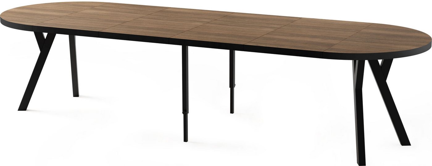 WFL GROUP Esstisch Twixy ausziehbar rund industrial mit schwarzen Holzbeinen (erhältlich in 2 Größen – Durchmesser 100 cm, ausziehbar auf 250/300 cm), XXL groß extra lang Ausziehtisch für 5-16 oder 5-14 Personen von WFL GROUP