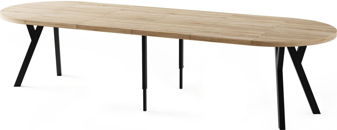 WFL GROUP Esstisch Twixy ausziehbar rund industrial mit schwarzen Holzbeinen (erhältlich in 2 Größen – Durchmesser 100 cm, ausziehbar auf 250/300 cm), XXL groß extra lang Ausziehtisch für 5-16 oder 5-14 Personen von WFL GROUP