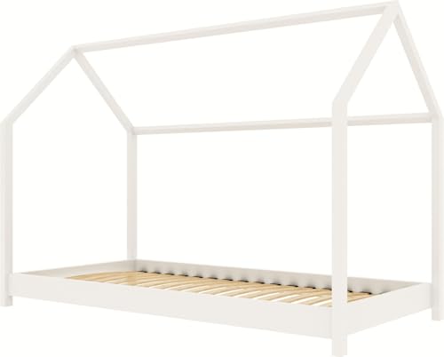 WFL GROUP Hausbett Kinderbett Haus Montessori 90x200 80x180 80x160 Kleinkindbett - Für Jungen und Mädchen - Natürliches Kiefernholz - 180x80 - Weiss von WFL GROUP