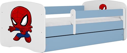 WFL GROUP Kinderbett Blau 70x140 80x160 80x180 cm – mit Matratze, Rausfallschutz und Schublade – Jugendbett für Jungen – Stabil und Sicher – Spider – 140x70 cm von WFL GROUP