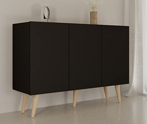 WFL GROUP Kommode Sideboard 120 cm - Skandinavisch Schrank 40 cm Tiefe mit Holz Füße und 3 Türen - Schwarz von WFL GROUP