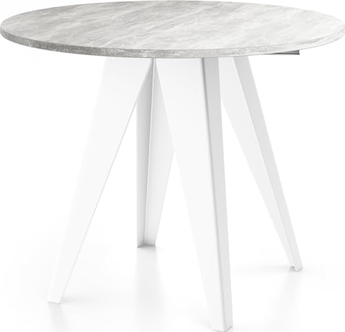 WFL GROUP Modern Runder Tisch für das Esszimmer - 90 oder 100 cm Durchmesser - Ausziehbar Esstisch mit Pulverbeschichteten Weißen Metallbeinen - Industriestil - (Beton Grau, 90 cm) von WFL GROUP