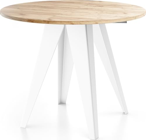 WFL GROUP Modern Runder Tisch für das Esszimmer - 90 oder 100 cm Durchmesser - Ausziehbar Esstisch mit Pulverbeschichteten Weißen Metallbeinen - Industriestil - (Eiche Craft, 90 cm) von WFL GROUP