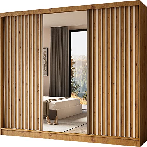 WFL GROUP Moderner Kleiderschrank Schwebetürenschrank mit Spiegel und Holzlamellen 120 150 160 180 240 cm - Kleiderschrank für Schlafzimmer mit Schwebetüren - Kleiderstange von WFL GROUP
