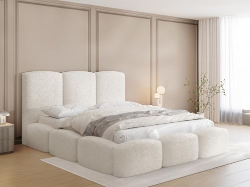 WFL GROUP Polsterbett 120x200 mit Bettkasten und Lattenrost – Beige Bett mit hohem Kopfteil, Boucle oder Samt Stoff - Modernes Doppelbett mit Stauraum – Bettgestell, ohne Matratze – Harmony - Creme von WFL GROUP