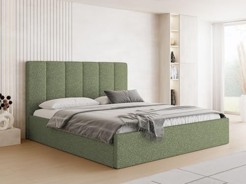 WFL GROUP Polsterbett 140x200 mit Bettkasten und Lattenrost – Bett mit hohem Kopfteil, Boucle oder Samt Stoff – Modernes Doppelbett mit Stauraum – Bettgestell, ohne Matratze – Amira Slim – Grün von WFL GROUP