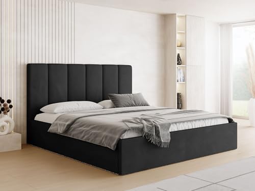 WFL GROUP Polsterbett 140x200 mit Bettkasten und Lattenrost – Bett mit hohem Kopfteil, Boucle oder Samt Stoff – Modernes Doppelbett mit Stauraum – Bettgestell, ohne Matratze – Amira Slim – Schwarz von WFL GROUP