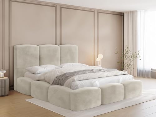 WFL GROUP Polsterbett 140x200 mit Bettkasten und Lattenrost – Creme Bett mit hohem Kopfteil, Boucle oder Samt Stoff - Modernes Doppelbett mit Stauraum – Bettgestell, ohne Matratze – Harmony - Beige von WFL GROUP
