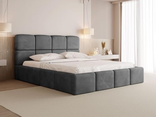 WFL GROUP Polsterbett 140x200 mit Bettkasten und Lattenrost – Graues Bett mit hohem Kopfteil, Boucle oder Samt Stoff – Modernes Doppelbett mit Stauraum – Bettgestell, ohne Matratze – Tivio – Grau von WFL GROUP
