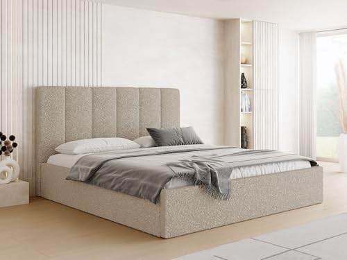 WFL GROUP Polsterbett 180x200 mit Bettkasten und Lattenrost – Bett mit hohem Kopfteil, Boucle oder Samt Stoff – Modernes Doppelbett mit Stauraum – Bettgestell, ohne Matratze – Amira Slim – Beige von WFL GROUP