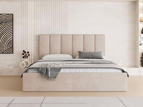 WFL GROUP Polsterbett 180x200 mit Bettkasten und Lattenrost – Bett mit hohem Kopfteil, Boucle oder Samt Stoff – Modernes Doppelbett mit Stauraum – Bettgestell, ohne Matratze – Amira Slim – Beige von WFL GROUP