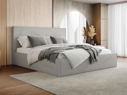WFL GROUP Polsterbett 180x200 mit Bettkasten und Lattenrost – Graues Bett mit hohem Kopfteil, Boucle Stoff - Modernes Doppelbett mit Stauraum – Bettgestell, ohne Matratze – Terra Slim - Grau von WFL GROUP