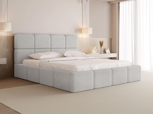 WFL GROUP Polsterbett 180x200 mit Bettkasten und Lattenrost – Graues Bett mit hohem Kopfteil, Boucle oder Samt Stoff – Modernes Doppelbett mit Stauraum – Bettgestell, ohne Matratze – Tivio – Grau von WFL GROUP