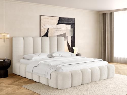 WFL GROUP Polsterbett 180x200 mit Bettkasten und Lattenrost – Weiß Bett mit hohem Kopfteil, Boucle oder Samt Stoff - Modernes Doppelbett mit Stauraum – Bettgestell, ohne Matratze – Serenity - Weiß von WFL GROUP