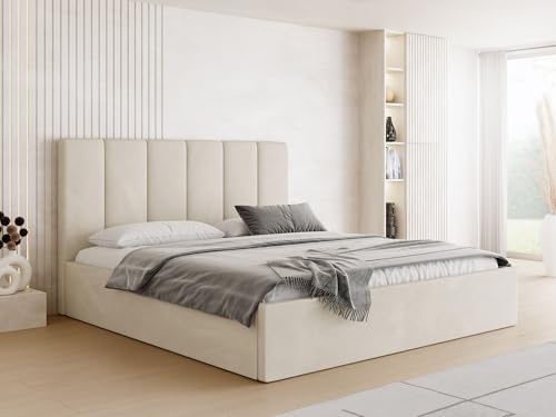 WFL GROUP Polsterbett 200x200 mit Bettkasten und Lattenrost – Bett mit hohem Kopfteil, Boucle oder Samt Stoff – Modernes Doppelbett mit Stauraum – Bettgestell, ohne Matratze – Amira Slim – Creme von WFL GROUP