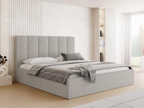 WFL GROUP Polsterbett 200x200 mit Bettkasten und Lattenrost – Bett mit hohem Kopfteil, Boucle oder Samt Stoff – Modernes Doppelbett mit Stauraum – Bettgestell, ohne Matratze – Amira Slim – Grau von WFL GROUP