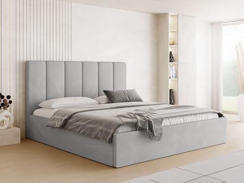 WFL GROUP Polsterbett 200x200 mit Bettkasten und Lattenrost – Bett mit hohem Kopfteil, Boucle oder Samt Stoff – Modernes Doppelbett mit Stauraum – Bettgestell, ohne Matratze – Amira Slim – Grau von WFL GROUP