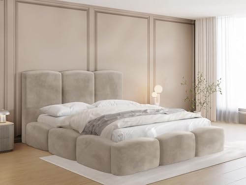 WFL GROUP Polsterbett 200x200 mit Bettkasten und Lattenrost – Creme Bett mit hohem Kopfteil, Boucle oder Samt Stoff - Modernes Doppelbett mit Stauraum – Bettgestell, ohne Matratze – Harmony - Beige von WFL GROUP