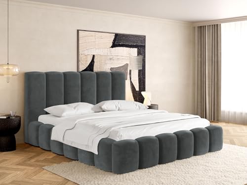 WFL GROUP Polsterbett 200x200 mit Bettkasten und Lattenrost – Grau Bett mit hohem Kopfteil, Boucle oder Samt Stoff - Modernes Doppelbett mit Stauraum – Bettgestell, ohne Matratze – Serenity - Grau von WFL GROUP