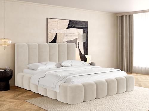 WFL GROUP Polsterbett 200x200 mit Bettkasten und Lattenrost – Weiß Bett mit hohem Kopfteil, Boucle oder Samt Stoff - Modernes Doppelbett mit Stauraum – Bettgestell, ohne Matratze – Serenity - Weiß von WFL GROUP
