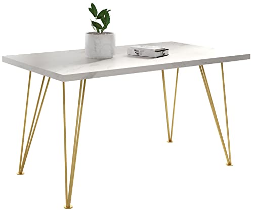 WFL GROUP Rechteckig Ausziehbarer Golden Esstisch - Loft Style Tisch mit Metallbeinen - 120 bis 220 cm - Industrieller Glamour Tisch für Wohnzimmer - Weißer Marmor - 120 cm von WFL GROUP