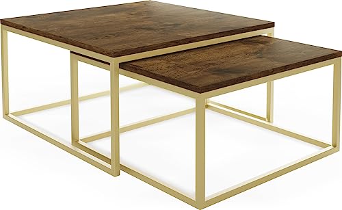 WFL GROUP Rechteckige Quadratische Satztische Couchtische mit Gold Gestell - Loft Style Couchtische Metallbeine - 2 in 1 - Zwei Industrielle Getrennte Tische für Wohnzimmer - Lefkas Eiche von WFL GROUP