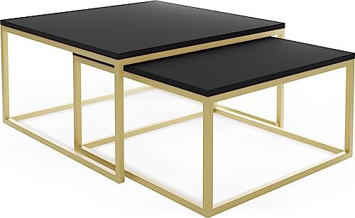 WFL GROUP Rechteckige Quadratische Satztische Couchtische - Gold Gestell - Loft Style Couchtische Metallbeine - 2 in 1 - Zwei Industrielle Getrennte Tische für Wohnzimmer - Schwarz von WFL GROUP
