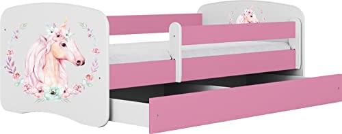 WFL GROUP Rosa Kinderbett Mit Matratze Pink 70x140 80x160 80x180 cm Kinderbett Mit Rausfallschutz, Jugendbett, Schublade Und Lattenrost - Für Jungen und Mädchen - Pferd - Einhorn - 180x80 von WFL GROUP