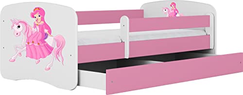 WFL GROUP Rosa Kinderbett Mit Matratze Pink 70x140 80x160 80x180 cm Kinderbett Mit Rausfallschutz, Jugendbett, Schublade Und Lattenrost - Für Jungen und Mädchen - Prinzessin und Pferd - 140x70 von WFL GROUP