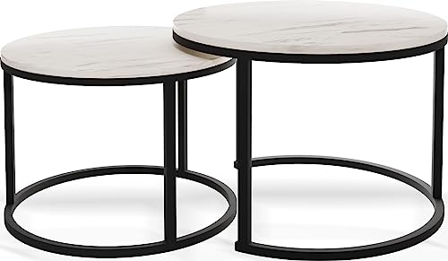 WFL GROUP Runde Satztische Couchtische - Loft Style Couchtische Metallbeine - 2 in 1 - Zwei Industrielle Getrennte Tische für Wohnzimmer - Weiß Marmor von WFL GROUP