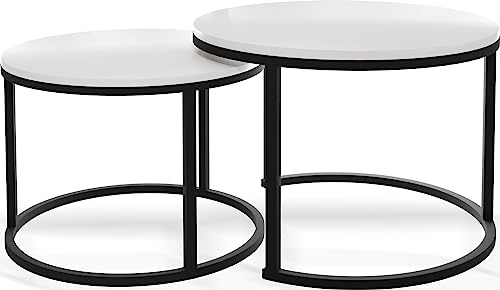 WFL GROUP Runde Satztische Couchtische - Loft Style Couchtische Metallbeine - 2 in 1 - Zwei Industrielle Getrennte Tische für Wohnzimmer - Weiß von WFL GROUP