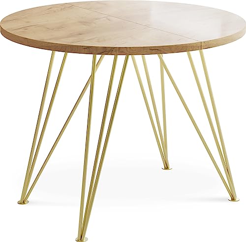 WFL GROUP Runder Ausziehbarer Esstisch - Loft Style Tisch mit Goldenen Metallbeinen - 100 bis 180 cm - Industrieller Quadratischer Glamour Tisch für Wohnzimmer - Spacesaver - Eiche Craft - 100 cm von WFL GROUP
