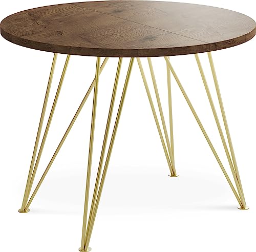 WFL GROUP Runder Ausziehbarer Esstisch - Loft Style Tisch mit Goldenen Metallbeinen - 100 bis 180 cm - Industrieller Quadratischer Glamour Tisch für Wohnzimmer - Spacesaver - Eiche Lefkas - 100 cm von WFL GROUP