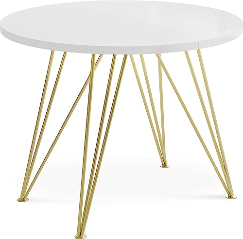 WFL GROUP Runder Ausziehbarer Esstisch - Loft Style Tisch mit Goldenen Metallbeinen - 120 bis 200 cm - Industrieller Quadratischer Glamour Tisch für Wohnzimmer - Spacesaver - Weiß - 120 cm von WFL GROUP