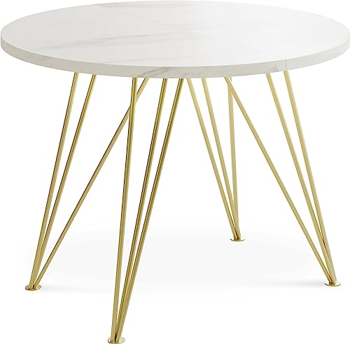 WFL GROUP Runder Ausziehbarer Esstisch - Loft Style Tisch mit Goldenen Metallbeinen - 100 bis 180 cm - Industrieller Quadratischer Glamour Tisch für Wohnzimmer - Spacesaver - Weiß Marmor - 100 cm von WFL GROUP