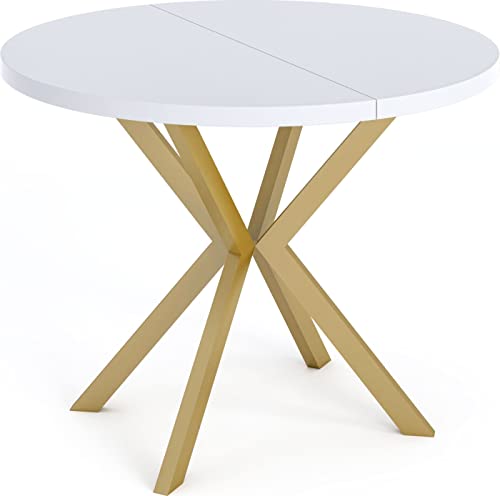 WFL GROUP Runder Ausziehbarer Esstisch - Loft Style Tisch mit Goldenen Metallbeinen - 100 bis 180 cm - Industrieller Rund Tisch für Wohnzimmer - Spacesaver - 100 cm - Weiß von WFL GROUP