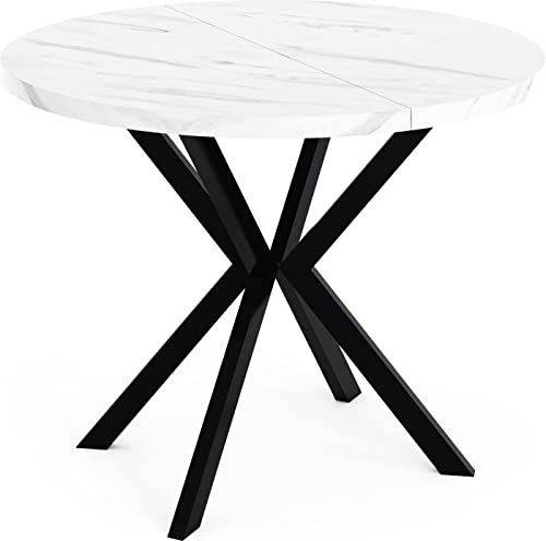 WFL GROUP Runder Ausziehbarer Esstisch - Loft Style Tisch mit Metallbeinen - 120 bis 200 cm - Industrieller Quadratischer Tisch für Wohnzimmer - Spacesaver - Weißer Marmor - 120 cm von WFL GROUP