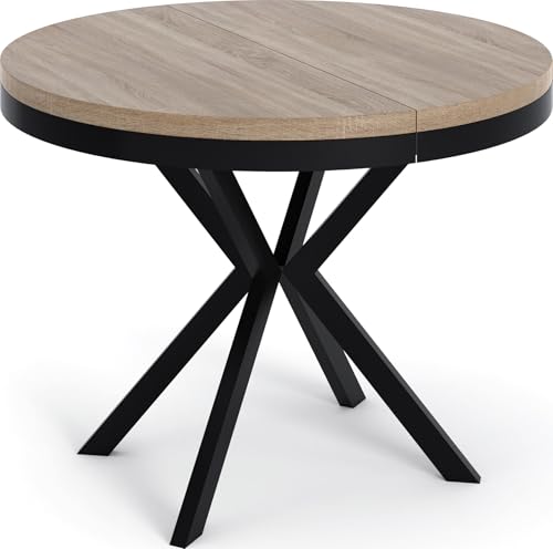 WFL GROUP Runder Ausziehbarer Esstisch - Loft Style Tisch mit Metallbeinen - 90 bis 170 cm - Industrieller Tisch für Wohnzimmer - Kompakt - 90 cm - Sonoma Eiche von WFL GROUP
