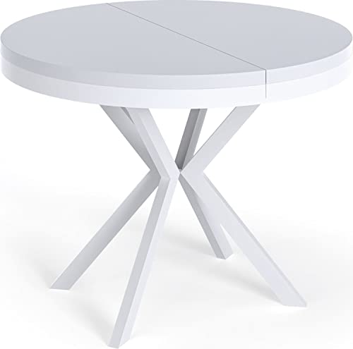 WFL GROUP Runder Ausziehbarer Esstisch - Loft Style Tisch mit Weißen Metallbeinen - 100 bis 180 cm - Industrieller Quadratischer Tisch für Wohnzimmer - Kompakt - 100 cm - Weiß von WFL GROUP