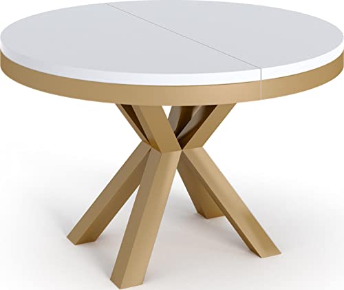 WFL GROUP Runder Ausziehbarer Esstisch - Weiß Tisch im Loft-Stil Golden mit Metallbeinen - Industrieller Tisch für Wohnzimmer - Spacesaver - Golden - Weiß - 120 cm von WFL GROUP
