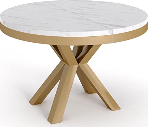 WFL GROUP Runder Ausziehbarer Esstisch - Weiß Tisch im Loft-Stil Golden mit Metallbeinen - Industrieller Tisch für Wohnzimmer - Spacesaver - Golden - Weisser Marmor - 100 cm von WFL GROUP