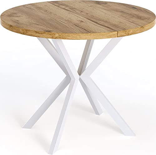 WFL GROUP Runder Ausziehbarer Esstisch für 8 Personen - Loft Style Tisch mit Weiße Metallbeinen - 120 bis 200 cm - Industrieller Quadratischer Tisch für Wohnzimmer - Spacesaver - Eiche Craft - 120 cm von WFL GROUP