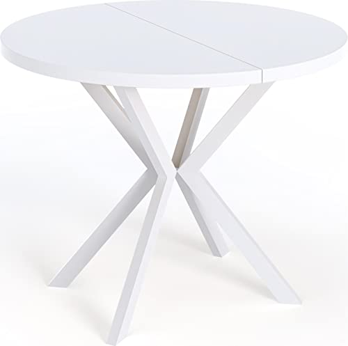 WFL GROUP Runder Ausziehbarer Esstisch für 8 Personen - Loft Style Tisch mit Weiße Metallbeinen - 120 bis 200 cm - Industrieller Quadratischer Tisch für Wohnzimmer - Spacesaver - Weiß - 120 cm von WFL GROUP