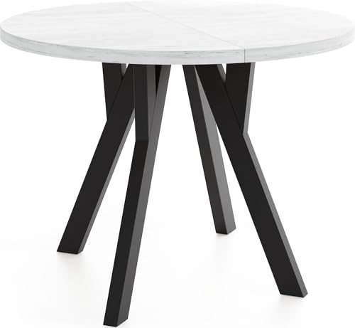 WFL GROUP Runder Ausziehbarer Esstisch im Loft-Stil – Industrieller Tisch mit Schwarzen Holzbeinen – Platzsparender Esstisch für Wohnzimmer – Kiefer Weiß – 90 bis 190 cm von WFL GROUP